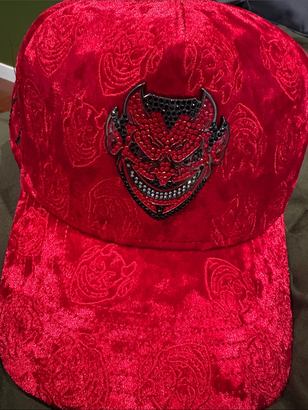 Red Velvet Embroidered Sequin Devil Motif Cap